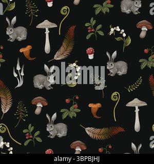 Vector autumn seamless wood pattern with rabbits, mushrooms and flowers Stock Vector