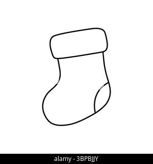 Vector line art illustration of a Christmas stocking with festive elements. Minimal black and white style, perfect for holiday design, greeting cards Stock Vector