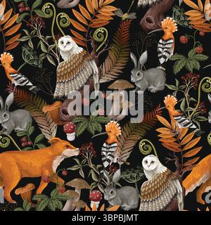 Vector autumn seamless wood pattern with fox, rabbit and mushrooms Stock Vector