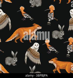 Seamless pattern with wood's animals and birds. Vector. Stock Vector