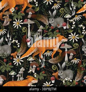 Vector autumn seamless wood pattern with fox, rabbit and mushrooms Stock Vector