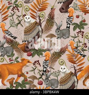 Vector autumn seamless wood pattern with fox, rabbit and mushrooms Stock Vector
