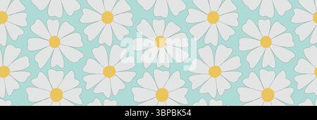 A seamless pattern with camomiles. A blue and white floral background. A cartoon illustration of a daisy ornament backdrop. Stock Vector