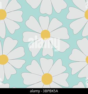 A seamless pattern with camomiles. A blue and white floral background. A cartoon illustration of a daisy ornament backdrop. Stock Vector