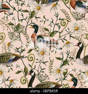 Seamless pattern with ducks, chamomile, fern and other wild flowers. Vector. Stock Vector