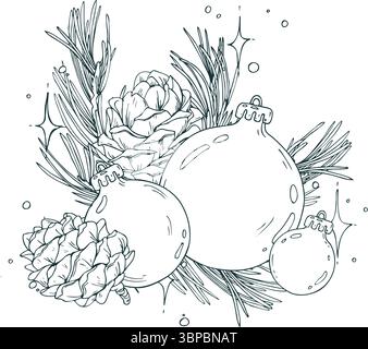 Line art illustration of Christmas balls and pine cone bouquet. Hand drawn with black ink. Elegant decorative winter composition for holiday use in Stock Vector