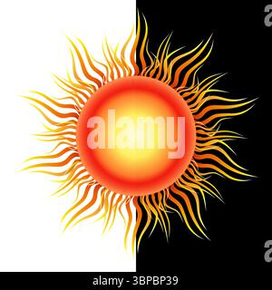 Solar mandala. Positive energy of the sun. Bright vector illustration of sun on black and white background. Isolated round sun design element. Bright Stock Vector