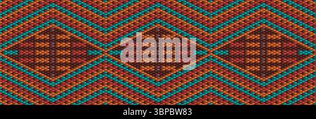 This seamless vector pattern resembles intricate embroidery with interlocking shapes in teal, orange, and deep brown. The diamond layout mimics hand-s Stock Vector