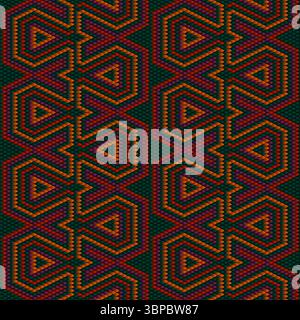 This autumn seamless vector pattern features a mosaic-like design with interlocking shapes in green, orange, and deep red. The diamond layout creates Stock Vector