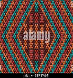 This seamless vector pattern mimics the rich texture of woven fabric with interlocking shapes in teal, orange, and deep brown. The diamond-shaped desi Stock Vector