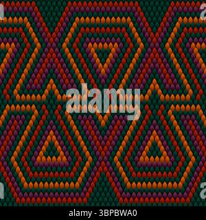 This seamless, vector, autumn pattern mimics a richly woven textile with interlocking shapes in green, orange, and deep red. The geometric, diamond la Stock Vector