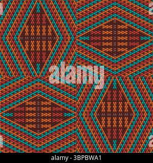 This seamless vector pattern features a mosaic-like design with interlocking shapes in teal, orange, and deep brown. The diamond arrangement creates a Stock Vector