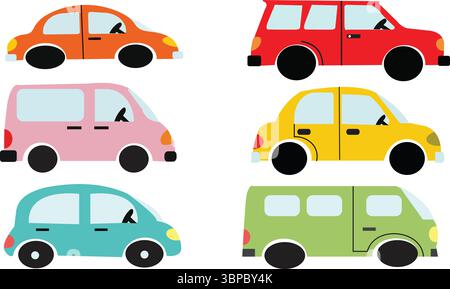 : A charming and colorful illustration featuring six distinct cartoon cars, perfect for children's designs, educational materials, or playful graphic Stock Vector