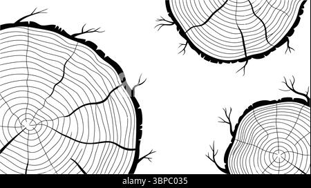 Two tree trunk cross sections with visible growth rings in a black and white line drawing format Stock Vector