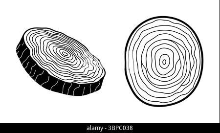Two tree trunk cross sections with visible growth rings in a black and white line drawing format Stock Vector