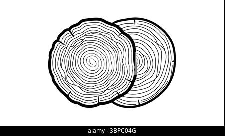 Two tree trunk cross sections with visible growth rings in a black and white line drawing format Stock Vector