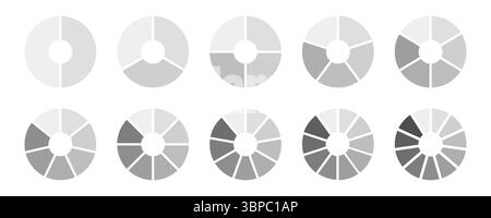 Circle division on equal parts. Wheel divided diagrams with two, three, four, five, six, seven, eight, nine, ten, eleven segments. Infographic Stock Vector