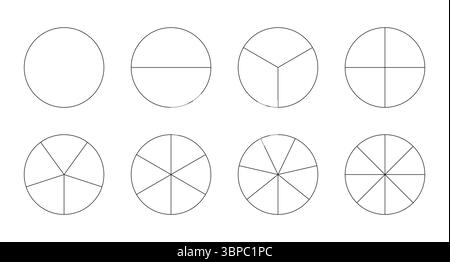 Set of pizza charts. Segmented charts. Pie chart templates. Sectors divide the circles on equal parts. Outline black thin graphics. Segments Stock Vector