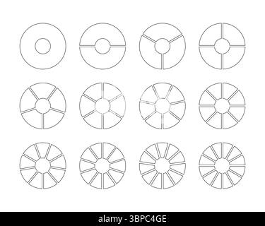 Circle division on 1, 2, 3, 4, 5, 6, 7, 8, 9, 10, 11, 12 equal parts. Wheel round divided diagrams with segments. Coaching blank. Diagram infographic Stock Vector