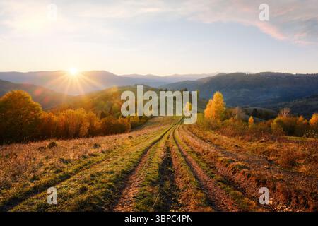 A country road winds through picturesque hills covered with yellow and orange trees, glowing in the rays of the setting sun. Carpathian mountains Stock Photo