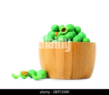 Bowl with wasabi coated crunchy peanuts on white background Stock Photo