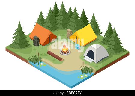 Isometric tourism with a tent. Hiking tourism. Summer outdoor recreation and tent, fire, tourist, backpack. Peaceful outdoor recreation in nature Stock Vector