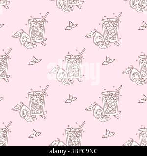 Outline Seamless Pattern with Guava Drink with tropical Fruit slices and Mint leaves on light Pink Background. Summer Refreshing Cocktail. Line hand d Stock Vector