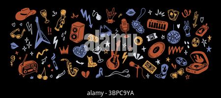 Rock n roll and punk music retro y2k style background. Hand drawn doodle vector illustration. Tattoo, sticker, icons and grafitti drawings. Emo goth g Stock Vector