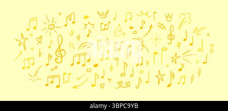 Handwriting music note, key and symbol colorful background. Italian summer festival poster. Lime and lemon colored pattern. Childish crayon scribbles. Stock Vector