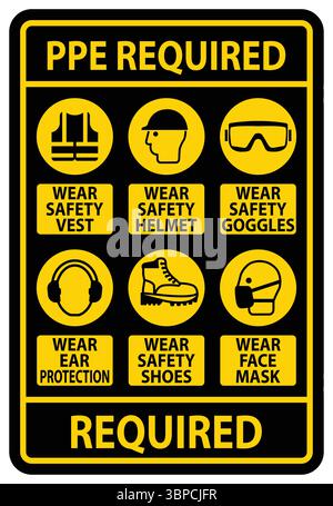 This clear and informative sign emphasizes the importance of wearing personal protective equipment in the workplace. It features icons for safety gear Stock Vector