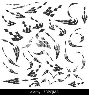 Black dynamic shapes. Tile warp pattern. Perspective grid design. Futuristic abstract movement. Stock Vector