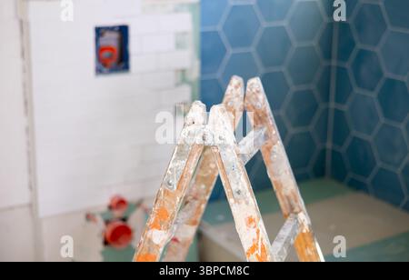 Stepladder in bathroom during renovation works Stock Photo