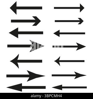 Arrow icon sheet. Horizontal navigation symbols. Point direction Vector. Simple black set. Stock Vector