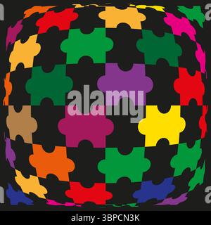 Rounded puzzle globe. Vibrant plus planet. Warp pattern Vector. Dark bubble mosaic. Stock Vector