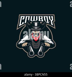 Cowboy mascot logo design vector with modern illustration concept style for badge, emblem and t shirt printing. Cowboy illustration with guns in hand. Stock Vector