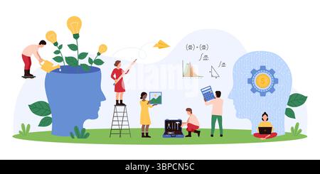 Development of creative thinking, new ideas with AI support, artificial intelligence. Tiny people grow light bulb plants inside human head with help of virtual assistant cartoon vector illustration Stock Vector