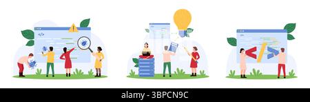 Software code development, testing set. Tiny people look for program bugs in script with magnifying glass, developers holding light bulb to develop new digital projects cartoon vector illustration Stock Vector