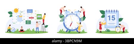 Time management set. Tiny people add notes and email, business documents and media files to digital planner to plan schedule, control alarm clock, date on paper calendar cartoon vector illustration Stock Vector