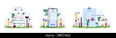 Compliance document, corporate policy, law and regulation research set. Tiny people study Term and conditions on smartphone screen to agree, check rules list items cartoon vector illustration Stock Vector