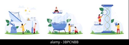 Chemistry and genetics, space research set. Tiny people study DNA molecule in test tube with magnifying glass, control chemical experiment with big flask, work with antenna cartoon vector illustration Stock Vector