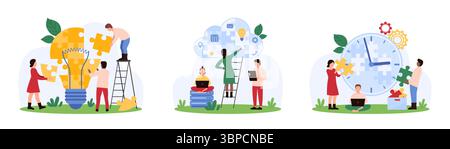 Teamwork to solve tech problem, time management, consulting set. Tiny people connect puzzle pieces to cloud, clock and light bulb shape, check service usage and ideas cartoon vector illustration Stock Vector