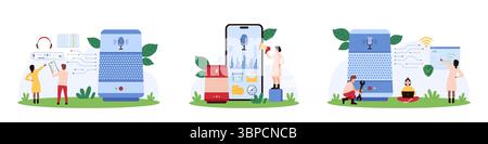 Voice recognition, conversation with chatbot set. Tiny people work with smart virtual voice assistant, control commands with speakers, microphone on smartphone screen cartoon vector illustration Stock Vector