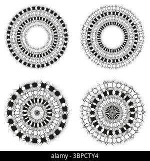 Radial pattern icons. Geometric rosette symbols. Concentric ring Vector. Symmetric circular design. Stock Vector