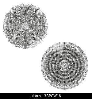 Circular labyrinth patterns. Intricate maze forms. Geometric radial lines. Vector abstract design. Stock Vector