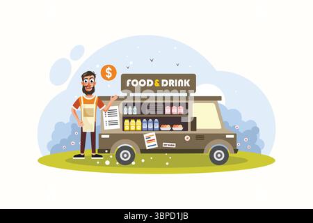 Food and Beverage Trucks Vector Illustration – Street Food, Mobile Kitchen, and Drink Van Graphics Stock Vector