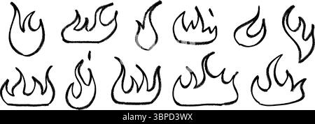 Hand drawn fire shapes set. Crayon sketched burning flames collection. Black chalk grunge elements pack. Pastel pencil doodle bundle for collage, sticker, poster, banner. Vector illustration Stock Vector