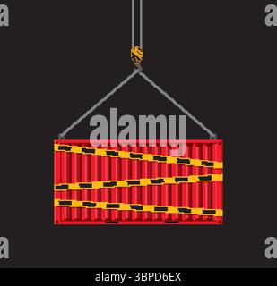 Red container with caution tape and crane hook Stock Vector