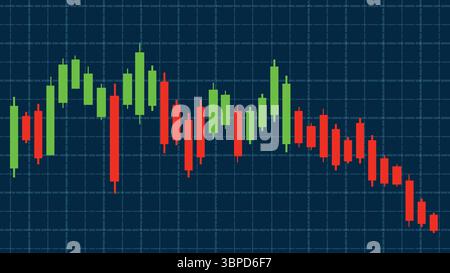 Vector illustration of a candlestick chart with vibrant red and green bars on a dark grid background Stock Vector