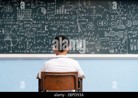 Asian male student in school uniform sitting alone at wooden desk, facing classroom blackboard covered with complex math formulas, equations, geometry Stock Photo