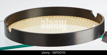 Aluminum tray with woven wood grid isolated nature background with clipping path Stock Photo